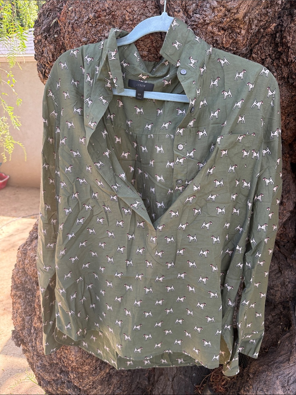 J. Crew Olive Green Dog-Print Button Pullover Top
